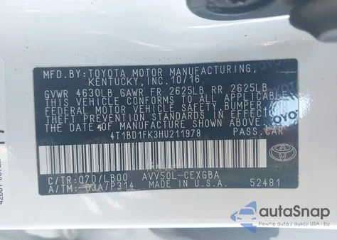 2017 Toyota Camry Hybrid Xle from USA, damaged, VIN 4T1BD1FK3HU211978